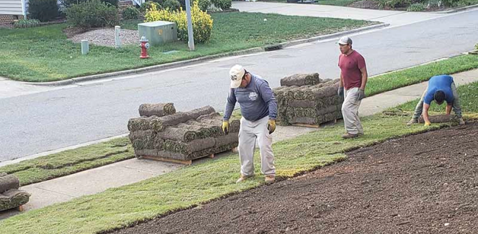 workers intalling some sod on a landscape outside of a house